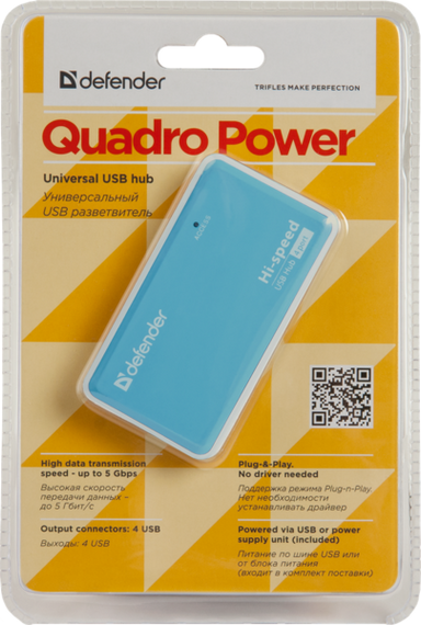 USB-хаб Defender Quadro Power+Adapter 4xUSB 2.0 220V (83503) | Зображення 5