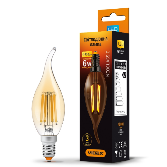 Лампа C37Ft 6W E14 2200К 220V Filament A LED Videx