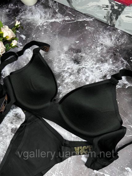 Комплект жіночої безшовної білизни Victoria's Secret GOLD із золотими стразами Чорний колір 75В | Зображення 1