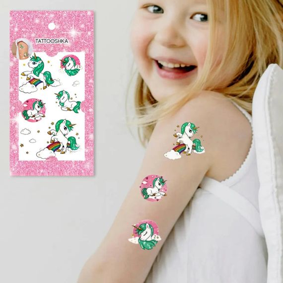 Набор временных татуировок "Зеленый единорог" EC-650, 5 картинок | Зображення 1
