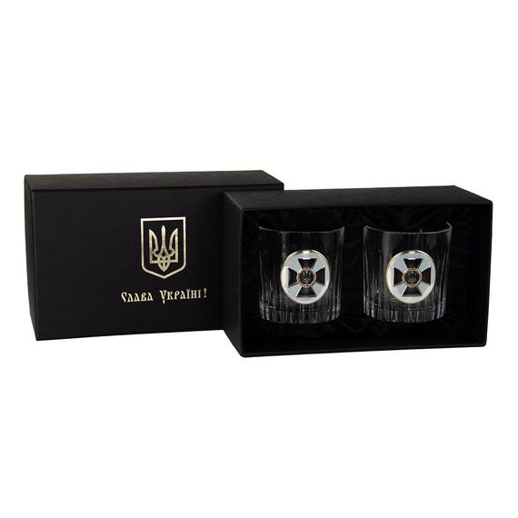 Набір для віскі "СЛУЖБА БЕЗПЕКИ" 2 келиха 360 мл., чистий кришталь, зображення зі срібла з позолотою