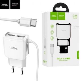 Мережевий зарядний пристрій Hoco 2хUSB із вбудованим кабелем Type-C White (C59A)
