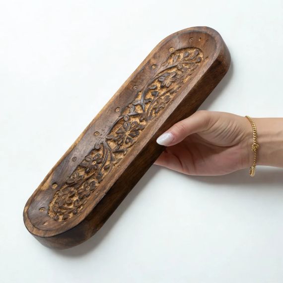 Велика овальна підставка під пахощі з мангового дерева Квітковий орнамент 30×10 см ZEN Aroma 5056368340185 | Зображення 2