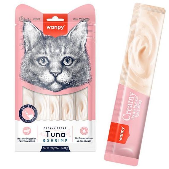 Wanpy Creamy Lickable Treats Tuna & Shrimp ванпи тунец с креветками жидкое лакомство для котов