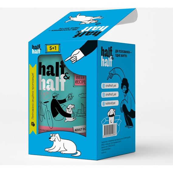 Набір вологих кормів Half and Half "5+1" для дорослих собак, шматочки з яловичиною в соусі, паучі, 6 шт*100 г | Зображення 1