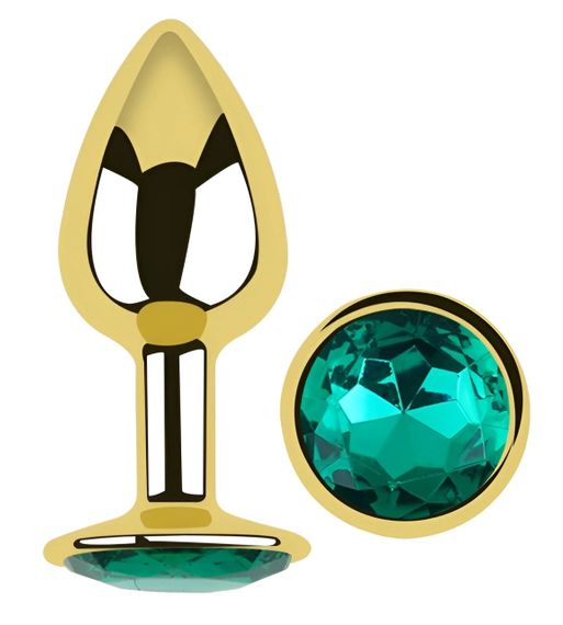 Анальная пробка EGZO Gold Round Plug S с зеленым кристаллом, гладкая металлическая основа Sex Aura