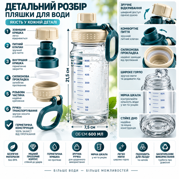 Еко-пляшка для води ENJOY 800 мл — багаторазова спортивна фляга з безпечного пластику для води, спорту та щоденного використання | Зображення 1