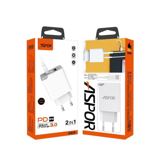 Мережевий зарядний пристрій Aspor A826 PD (20W/USB/Type-C) + кабель USB — Type-C-білий | Зображення 4