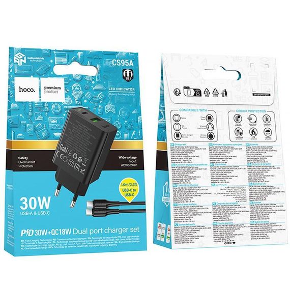 МЗП Hoco CS95A Leader PD30W+QC3.0 (1USB-A/1C) + кабель Type-C to Type-C Black | Зображення 1