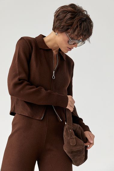 В'язаний трикотажний костюм з коротким кардиганом - коричневий цвет, ONE SIZE (є розміри) | Зображення 2