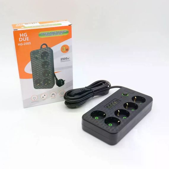 Сетевой фильтр HG-2505 на 5 розеток черный • Удлинитель 3 м с 4 USB, Type-C, выключателем и заземлением для дома и офиса | Зображення 4