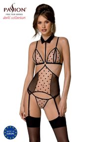 Корсет з відкритими грудьми Passion DOMINICA CORSET L/XL beige, пажі для панчіх, стрінги