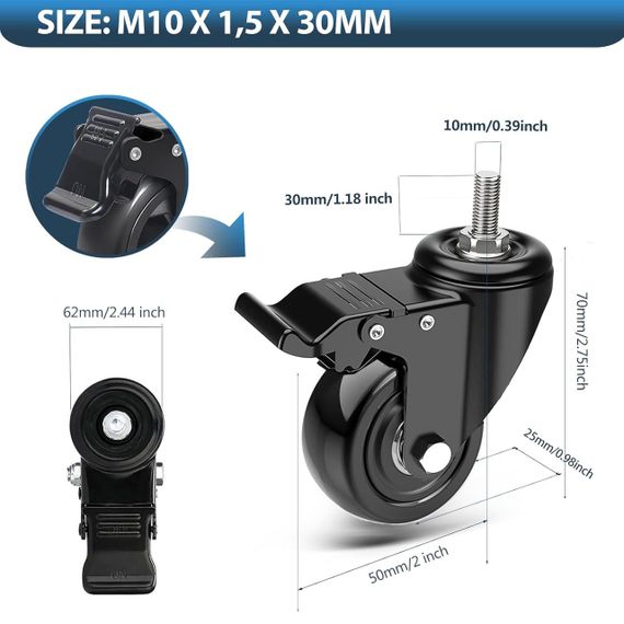 Ролики мебельные поворотные 50 мм с тормозом 4 шт, усиленные транспортные до 300 кг для мебели столов ящиков | Зображення 1