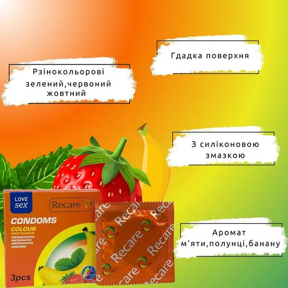 Презервативи Recare Color Fruit Flavour Condoms 3 шт, аромати: м'ята, банан, полуниця | Зображення 3