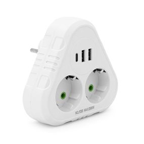 Розетка тройник с заземлением F203-White, 2 розетки + 2USB + 1Type-C, 2500W, 10A