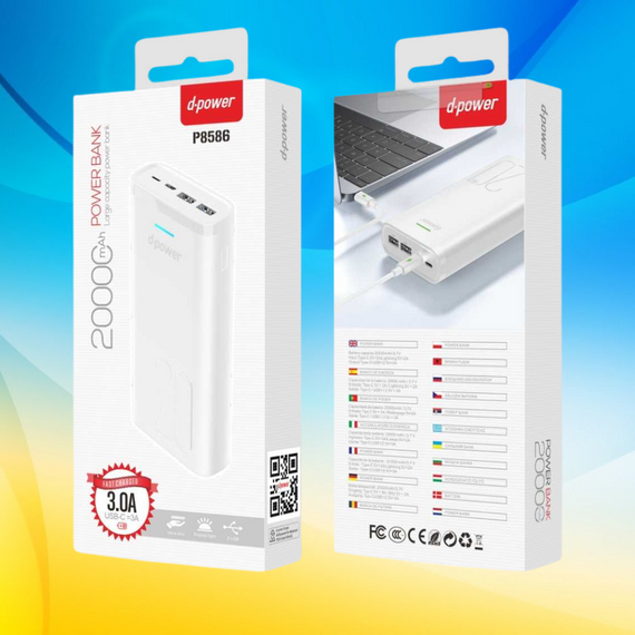 PowerBank 20000mAh білий, d-power. Павербанк 3.0А 20000, повербанк. Оригінал