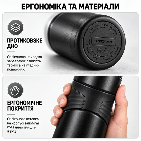 Термос-бутылка KANGZYUAN 600 мл, вакуумная, нержавеющая сталь 316, герметичная, с ситечком, черная | Зображення 5