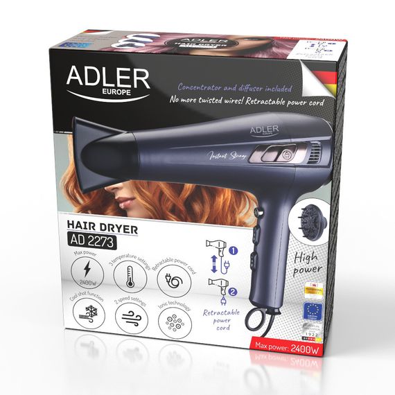 Фен для волосся Adler AD 2273, 2400 Вт, дифузор, висувний шнур | Зображення 9
