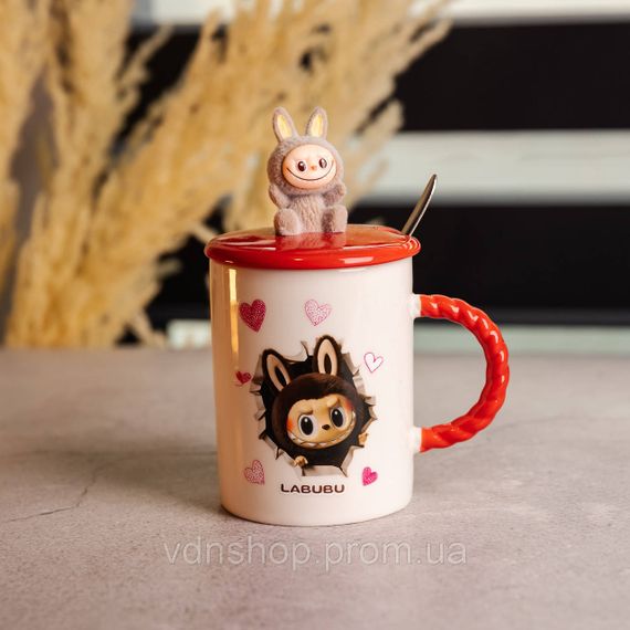 Кубок порцелянова з кришкою і ложкою Labubu 400 (мл) подарункова кружка прикольна чашка для дітей на подарунок Червоний FM-35D | Зображення 1