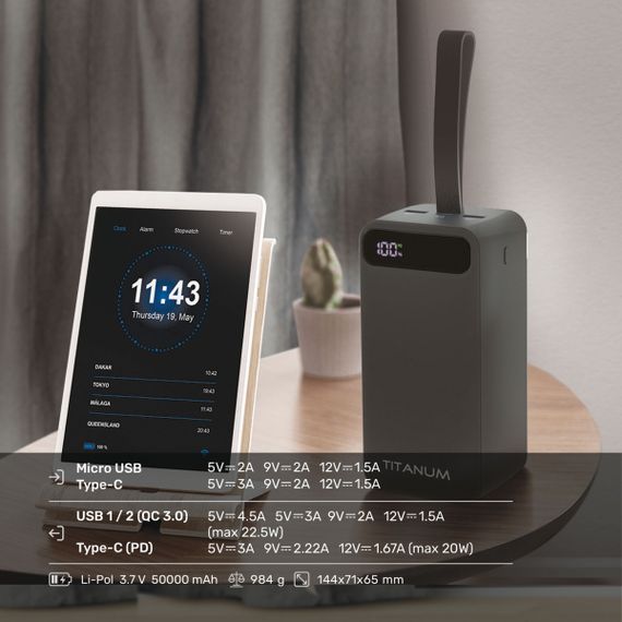 Повербанк 50000mAh TITANUM 741S 22.5W Black зі швидкою зарядкою та ліхтариком (TPB-741S-B) | Зображення 4