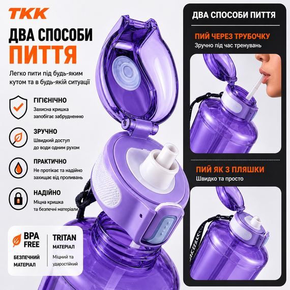 Спортивная бутылка TKK 2300 мл (2.3 л) - Фиолетовая Tritan BPA-free, ударопрочная эко-бутылка с ручкой и клапаном | Зображення 4