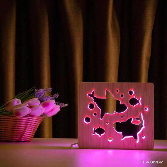 Светильник ночник ArtEco Light из дерева LED "Две акулы и рыбки" с пультом и... | Зображення 3