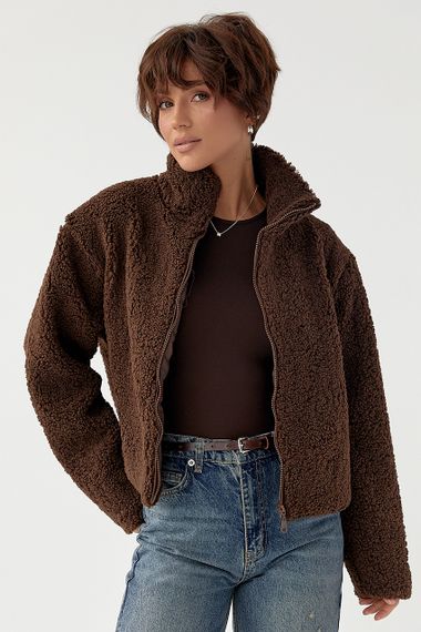 Жіночий кардиган із хутра Тедді на блискавці - темно-коричневий цвет, L (є розміри)