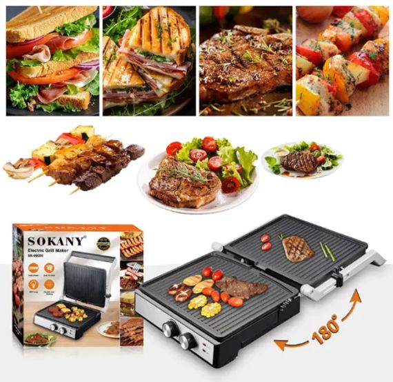 Домашний электрический гриль 2000 Вт, раскрытие на 180°, Sokany SK-08050 | Зображення 1