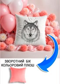 Подушка плюшева Мерч Крафт Дизайн з принтом вовки 2 рожевий плюш квадратна 33х33 см