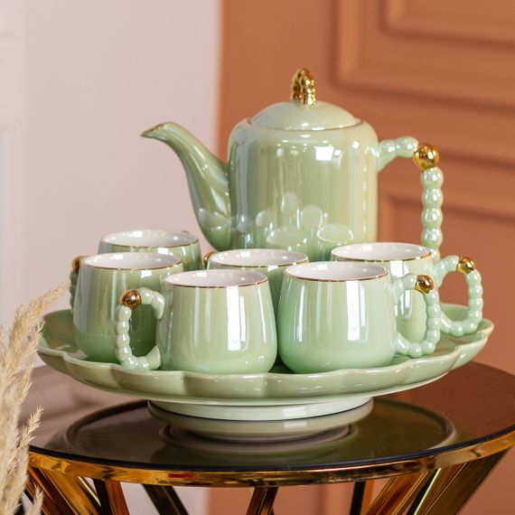 Чайний набір на 6 персон із заварювальним чайником та порцелянаовою підставкою Зелений HP-15-8 | Зображення 7