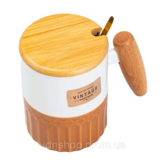 Чашка фарфоровая с бамбуковой крышкой и ручкой 400 мл Коричневая HP7204BR | Зображення 3