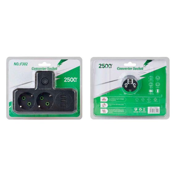 Розетка тройник Т-образный с заземлением F302-Black, 2 розетки + 3USB(1А), 2500W | Зображення 1