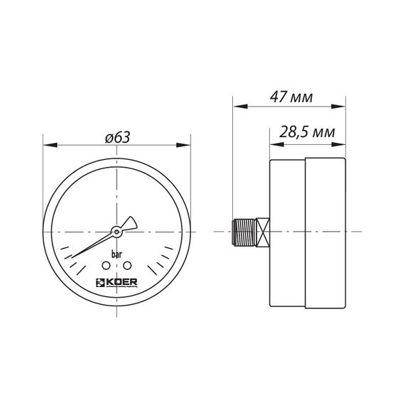 Манометр аксиальный (KOER KM.611A) (0-10 bar), D 63мм, 1/4’’-1/2'' (KR0212) | Зображення 2