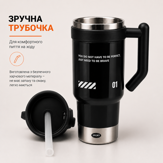 Термокружка с трубочкой и ручкой 1 л (1000 мл) из нержавеющей стали 316 вакуумная, для авто, спорта и путешествий. Черная | Зображення 5