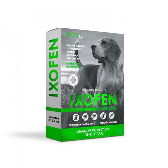 Капли от блох и клещей для собак весом 10-25 кг Unicum Ixofen, 3 пип