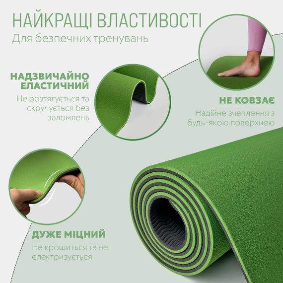 Нескользящий коврик для йоги и фитнеса Фитнес коврик каркмат для спорта пилатеса 6 мм двухслойный зеленый-черн | Зображення 2