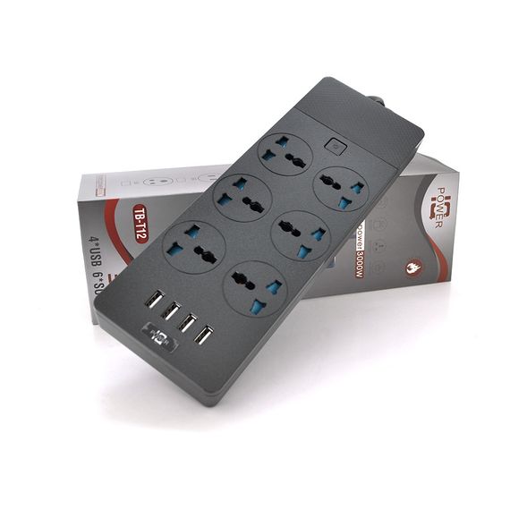 Мережевий фільтр ТВ-Т12, 6 розеток + 4 USB, 2 м, перетин 3х0, 75мм, 3000W, Black | Зображення 1