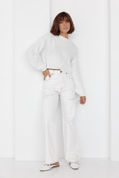 Короткий вязаный джемпер oversize молочный цвет S | Зображення 6