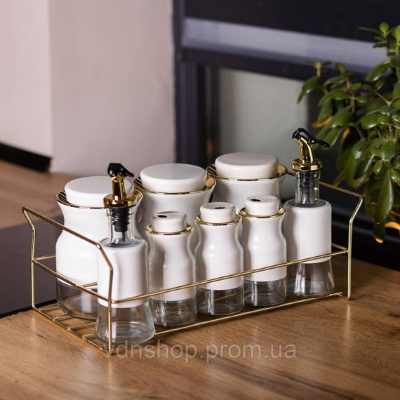 Набір для спецій на підставці з пляшками для олії та оцту 8 предметів Білий HP-1360W | Зображення 7