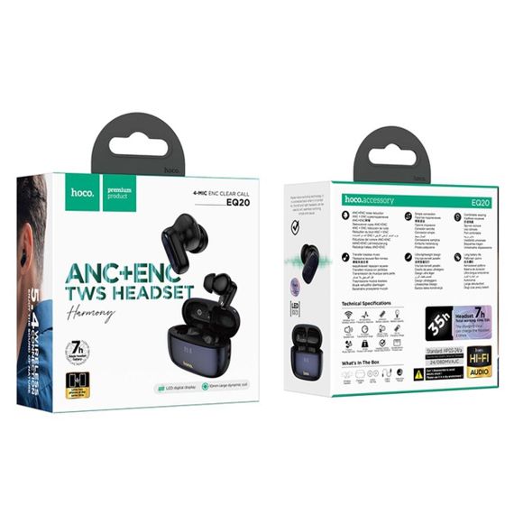 Бездротові навушники HOCO EQ20 Rhyme true wireless ANC+ENC noise reduction BT headset Black | Зображення 1