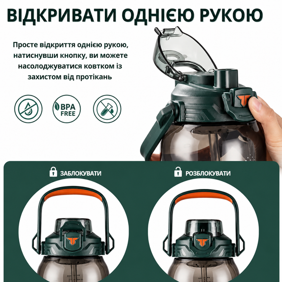 Бутылка TKK 2000 мл - Зеленая Tritan BPA-free, ударопрочная, спортивная с практичным ремешком | Зображення 3