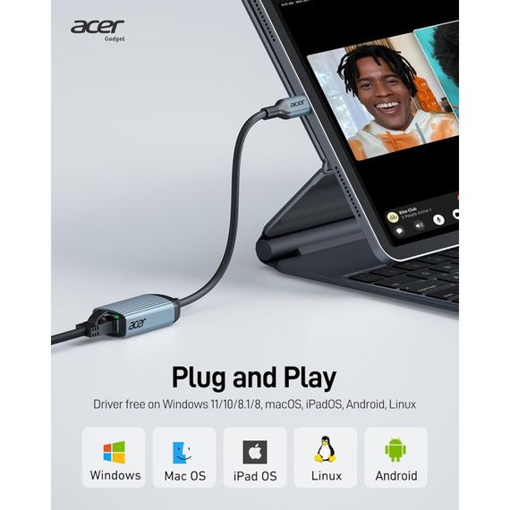 Адаптер Acer USB-C — Ethernet (RJ45) — перехідник Type-C до мережевого інтерфейсу, сумісний із Thunderbolt 3/4, алюмінієвий корпус | Зображення 1