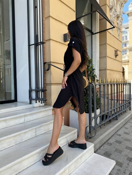 Жіноча літня сукня-сорочка з короткими рукавами на ґудзиках турецький льон-жатка adl773 колір чорний, розмір 50/52 | Зображення 1