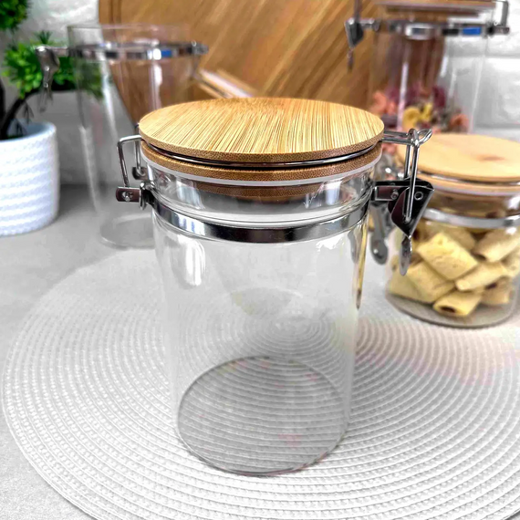 Висока банка Bugel Bamboo GK-5431 для сипучих продуктів 900 мл з бамбуковою кришкою на клямці  Прозорий | Зображення 3