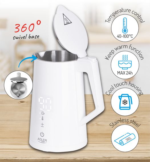 Електрочайник Adler AD 1345 white 1850-2200Вт/ 1.7л/ STRIX/ встановлення температури/ | Зображення 2