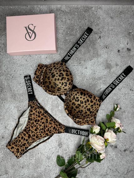 Женское нижнее белье Виктория Сикрет | Сексуальный пудровый комплект белья со стразами L, 80B, Леопардовый