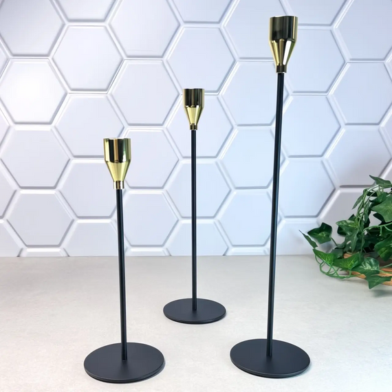 Набор металлических подсвечников 3 шт Gold Pearl GK-4206 на высокой ножке 22,5/27,5/32,5 см Черный | Зображення 4