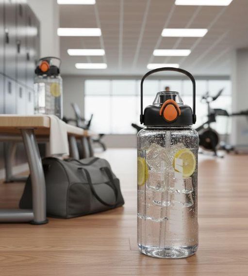 Пластиковая спортивная бутылка 2000 мл Keepon с герметичной крышкой и удобной ручкой широким горлом и соломинкой Черная | Зображення 3