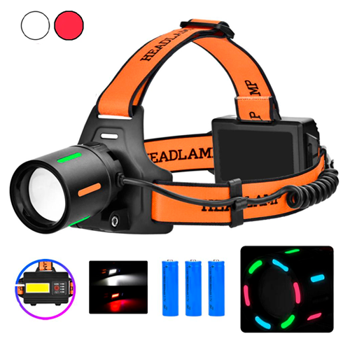 Налобный фонарь с флуоресцентной окраской BL-T67, светодиод TG+CO, zoom, 3 АКБ 18650 , Рower Вank, ЗУ Type-C