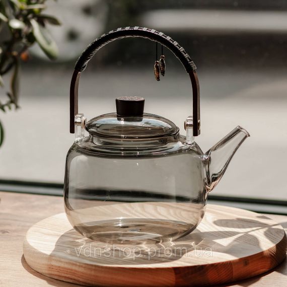 Заварник скляний для чаю 0.8 л Заварний чайник для заварювання з дерев'яною ручкою чорний HP-34-37 | Зображення 1